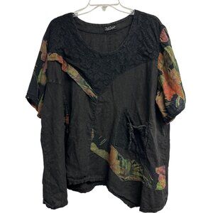 Sarah Santos Black Linen Shirt Colorful Floral Lagenlook Art To Wear Sz XXXL 3xl
